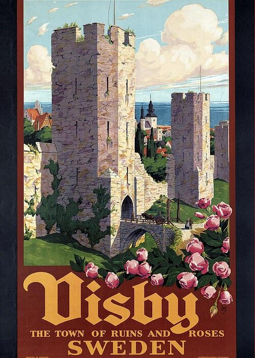 Visby Greeting Card featuring the mixed media Visby, Gotland, Sweden - Town of Ruins and Roses - Retro travel Poster - Vintage Poster by Studio Grafiikka