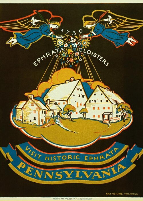 Pennsylvania Greeting Card featuring the painting Visit historic Ephrata, Pennsylvania, WPA poster, 1939 by Vincent Monozlay