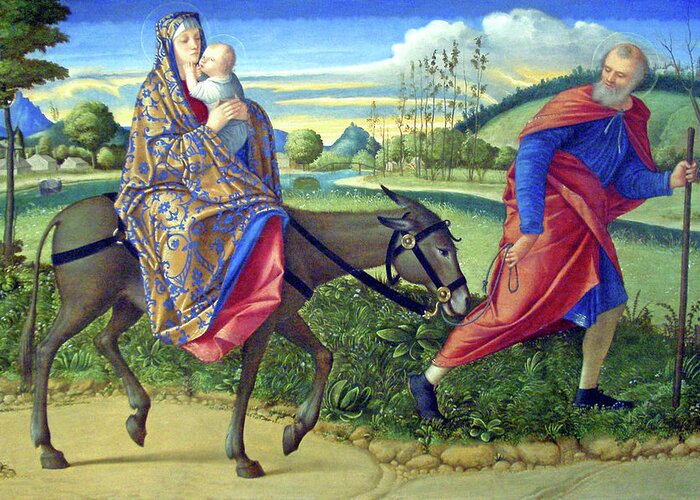 Blue Sky Greeting Card featuring the painting Vittore Carpaccio Flight into Egypt by Munir Alawi