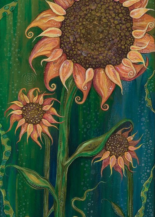 Sunflowers On Green Background Greeting Card featuring the painting Vivacious by Tanielle Childers