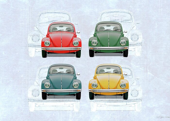 'volkswagen - Bugs And Buses' Collection By Serge Averbukh Greeting Card featuring the digital art Volkswagen Type 1 - Variety of Volkswagen Beetle on Vintage Background by Serge Averbukh