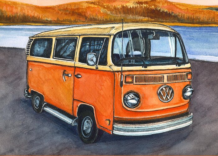Volkswagon Bus Greeting Card featuring the painting Ryan's Magic Bus by Katherine Miller
