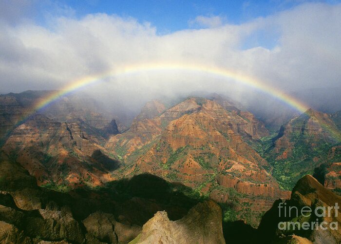 Above Greeting Card featuring the photograph Waimea Canyon, Full Rainbow by Brent Black - Printscapes