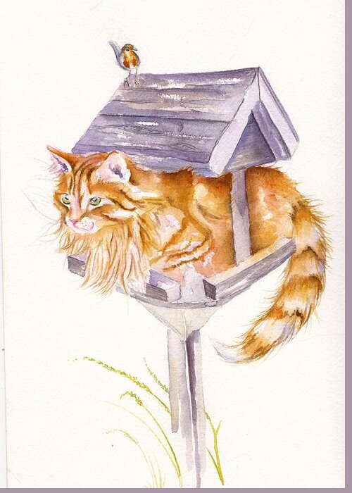 Ginger Greeting Card featuring the painting Waiting for Lunch - long haired Tabby Cat by Debra Hall