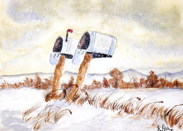 Snow Greeting Card featuring the painting Waiting for the Mail by Richard Stedman