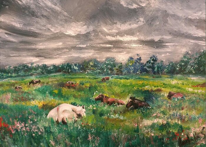 Animal Greeting Card featuring the painting Waiting For The Rain by Abbie Shores