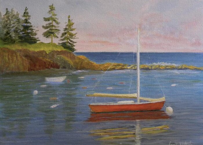 Sailboat Seascape Landscape Ocean Water Waves Sky Greeting Card featuring the painting Waiting For The Wind by Scott W White