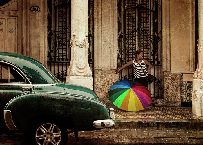 Joan Carroll Greeting Card featuring the photograph Waiting Out The Rain in Havana Cuba by Joan Carroll