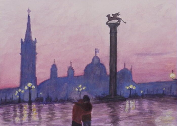 Water Greeting Card featuring the painting Walk in Italy in the rain by Dan Wagner