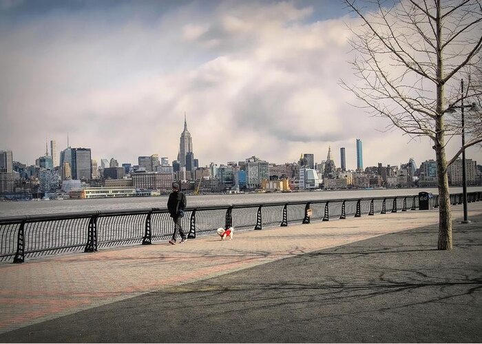 New Jersey Greeting Card featuring the photograph Walking Along Hoboken's Hudson River Waterfront Walkway by Dyle Warren