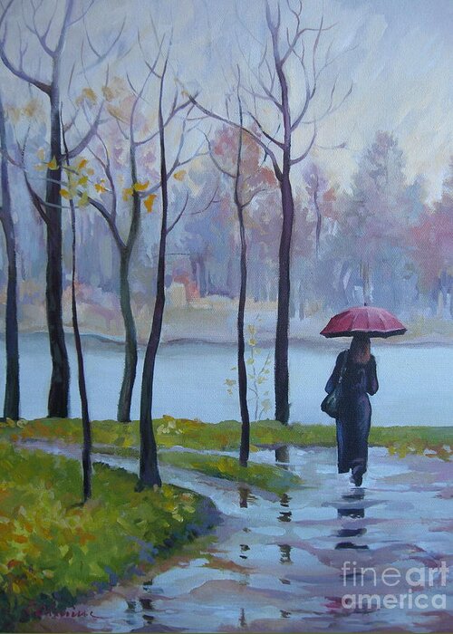 Woman Greeting Card featuring the painting Walking in the rain by Elena Oleniuc