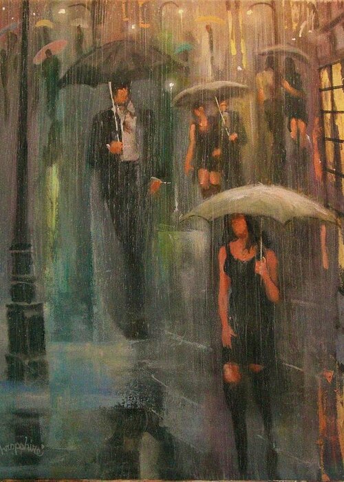  Downpour Greeting Card featuring the painting Walking in the Rain by Tom Shropshire