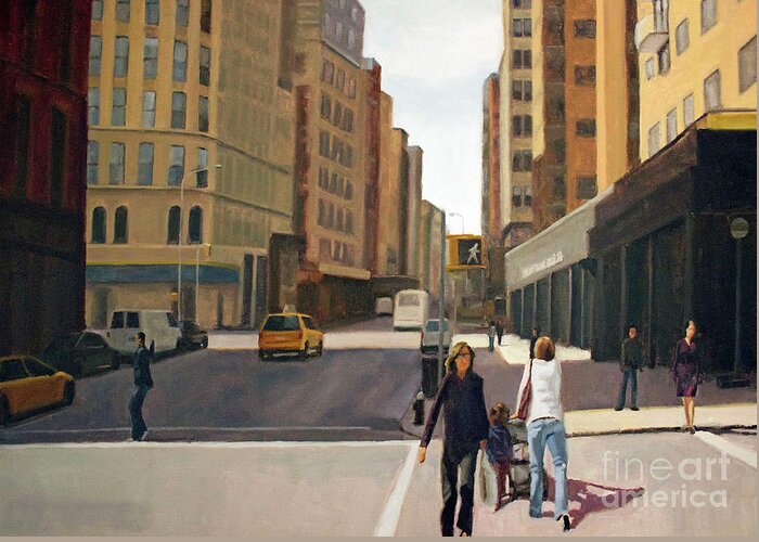 Cityscape Greeting Card featuring the painting Walking the lines by Tate Hamilton