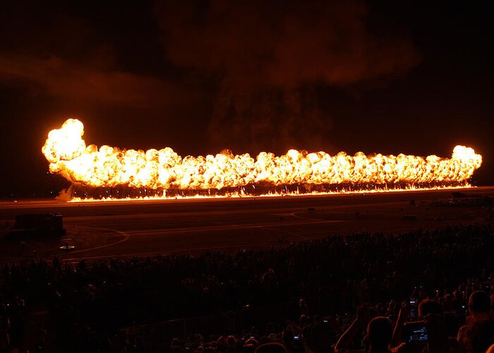 Fire Explosion Darkness Military Smoke Runway Hot Heat Orange Red Yellow Wall Of Fire Boom Fireworks Twilight Airshow At Miramar Greeting Card featuring the photograph Wall of Fire by Ricky Sandoval