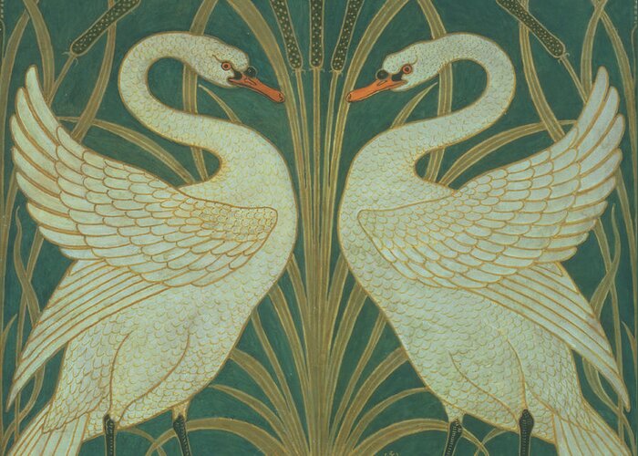 Wallpaper Greeting Card featuring the painting Wallpaper Design for panel of Swan Rush and Iris by Walter Crane