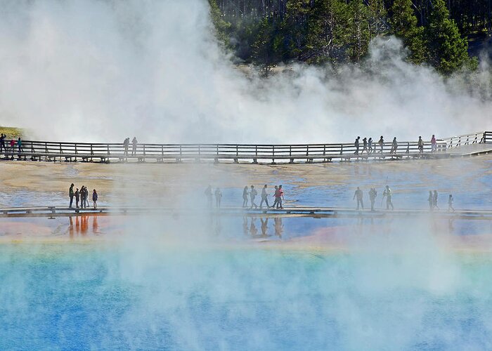 Yellowstone Greeting Card featuring the photograph Wandering and Wondering at Grand Prismatic Spring by Bruce Gourley
