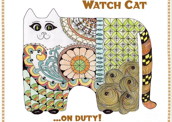 Kitty Cat Zentangles Doodles Watercolor Geometrics Greeting Card featuring the tapestry - textile Watch Cat...on duty by Ruth Dailey