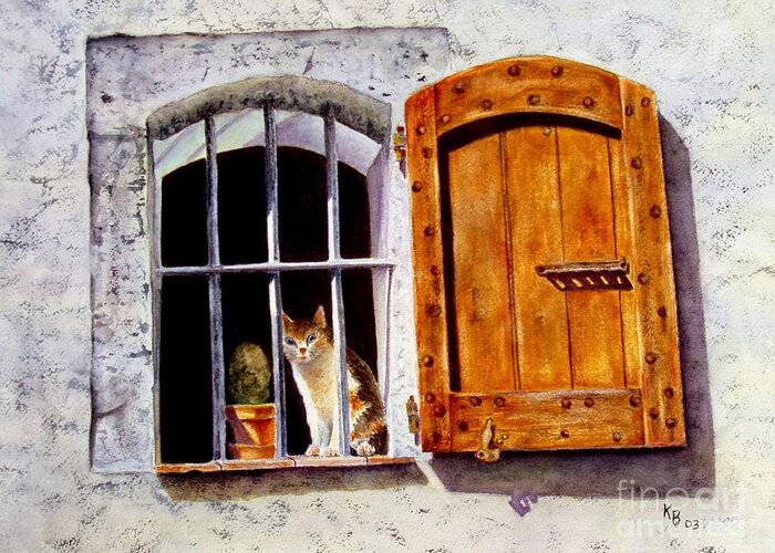 Cat Greeting Card featuring the painting Watchful Eyes by Karen Fleschler