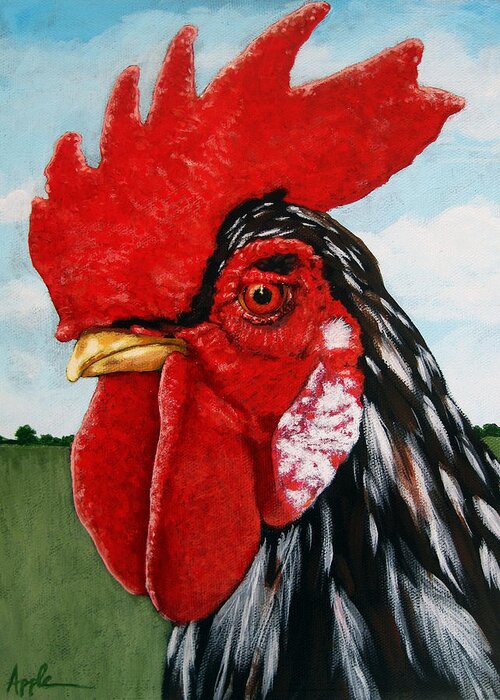 Farm Animal Greeting Card featuring the painting Watchful Rooster painting farm animal by Linda Apple