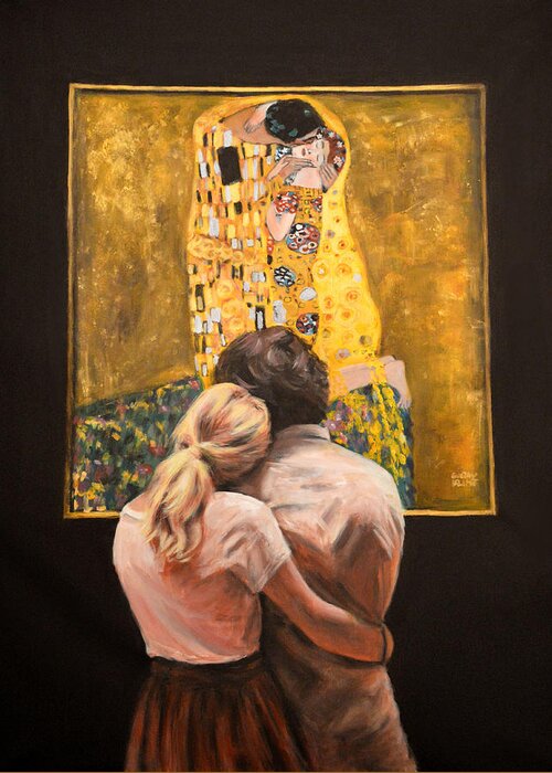 Klimt Greeting Card featuring the painting Watching Klimt The Kiss by Escha Van den bogerd