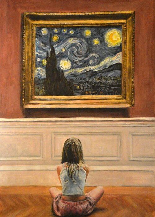 Starry Night Greeting Card featuring the painting Watching starry night by van gogh by Escha Van den bogerd