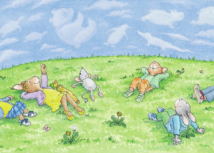 Breezy Bunnies Greeting Card featuring the painting Watching the Clouds Roll By -- With Text by June Goulding