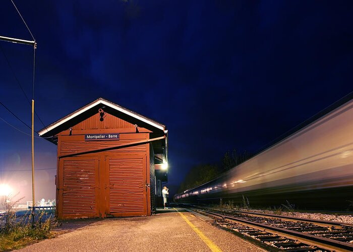 Darin Volpe Railroad Greeting Card featuring the photograph Watching the Night Train - Montpelier Junction Vermont by Darin Volpe