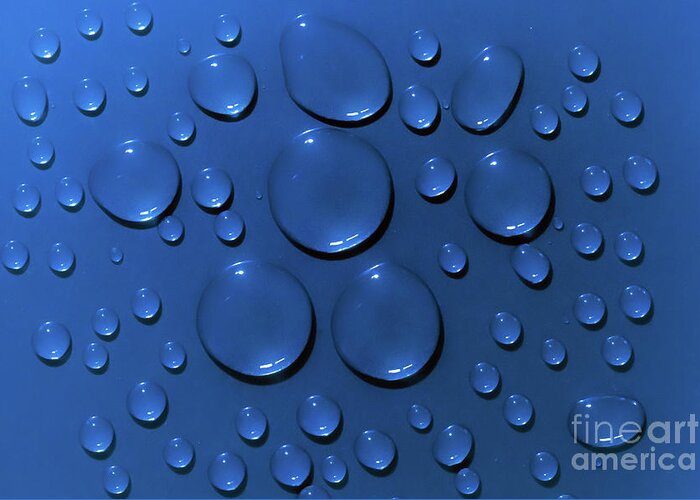 Water Greeting Card featuring the photograph Water drops pattern on blue background by Simon Bratt