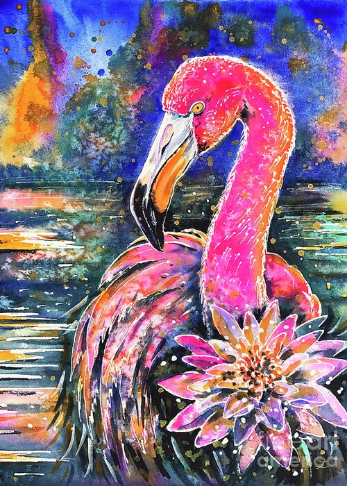 Flamingo Greeting Card featuring the painting Water Lily and Flamingo by Zaira Dzhaubaeva