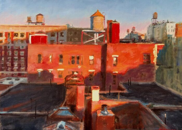 New York Greeting Card featuring the painting Water Towers at Sunset No. 3 by Peter Salwen