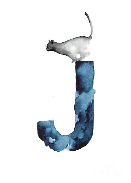  Abstract Greeting Card featuring the painting Watercolor alphabet J cat blue by Joanna Szmerdt