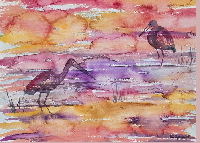 Heron Greeting Card featuring the painting Watercolor - Heron and Limpkin in the Amazon by Cascade Colors