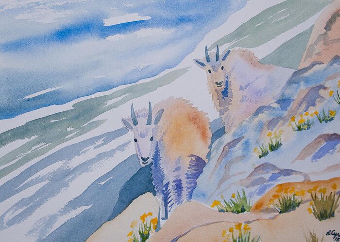 Mountain Goat Greeting Card featuring the painting Watercolor - Mountain Goats on Quandary by Cascade Colors