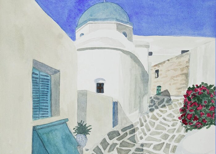 Paros Greeting Card featuring the painting Watercolor - Paros Church and Street Scene by Cascade Colors
