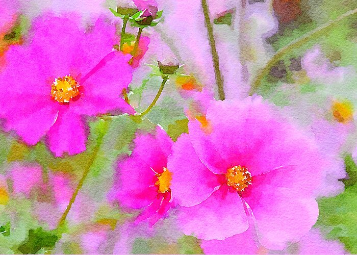 Watercolor Floral Greeting Card featuring the painting Watercolor Pink Cosmos by Bonnie Bruno