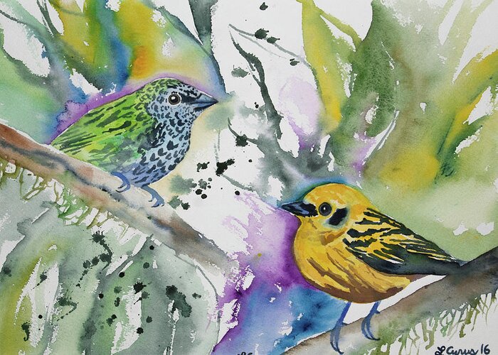 Spotted Tanager Greeting Card featuring the painting Watercolor - Spotted Tanager and Golden Tanager by Cascade Colors