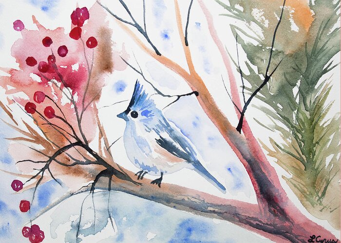 Tufted Titmouse Greeting Card featuring the painting Watercolor - Tufted Titmouse with Winter Berries by Cascade Colors