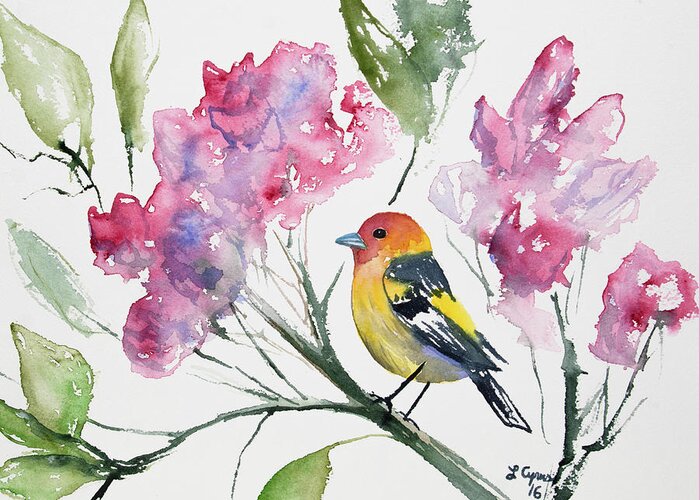 Western Tanager Greeting Card featuring the painting Watercolor - Western Tanager in a Flowering Tree by Cascade Colors