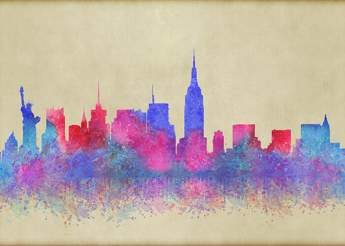 Watercolour Greeting Card featuring the digital art Watercolour Splashes New York City Skylines by Georgeta Blanaru