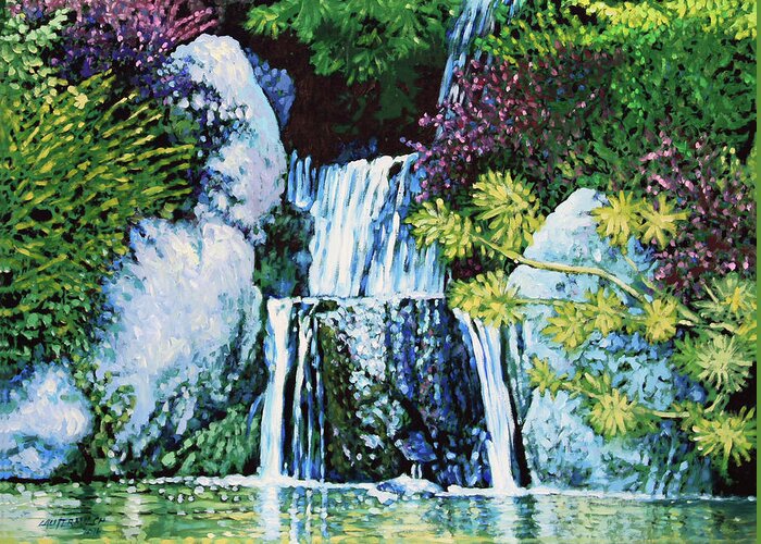 Waterfall Greeting Card featuring the painting Waterfall At Japanese Garden by John Lautermilch
