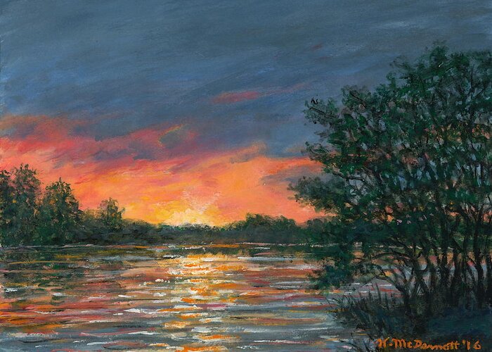 Sunset Greeting Card featuring the painting Waterway Sundown by Kathleen McDermott