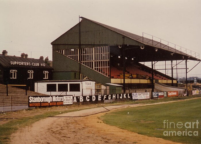  Greeting Card featuring the photograph Watford - Vicarage Road - Main Stand 1 - 1969 by Legendary Football Grounds