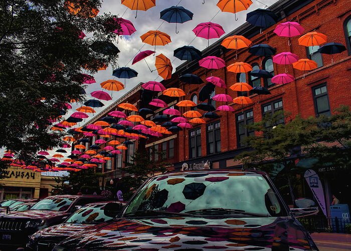 Wausau Greeting Card featuring the photograph Wausau's Downtown Umbrellas by Dale Kauzlaric
