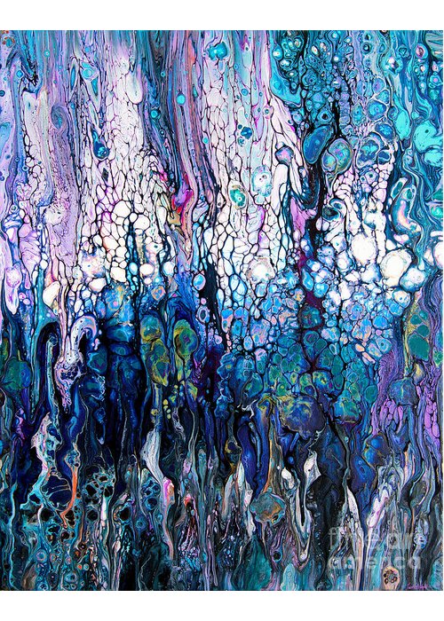 Compelling Engaging Ocean Colors Under Sea-vista Water Blue Bubbles Wave-foam Dynamic-pattern Vibrant Serene-colors Exciting Beautiful Full Of Colorful Horizontal Movement Greeting Card featuring the painting Wave traces #2414 by Priscilla Batzell Expressionist Art Studio Gallery