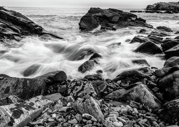 Black And White Greeting Card featuring the photograph Waves Against a Rocky Shore in BW by Doug Camara