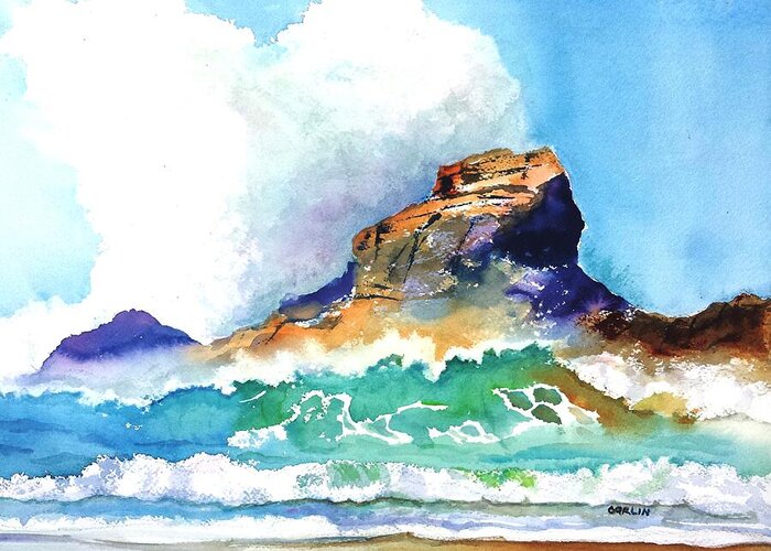 Waves Greeting Card featuring the painting Waves Bursting on Rocks by Carlin Blahnik CarlinArtWatercolor