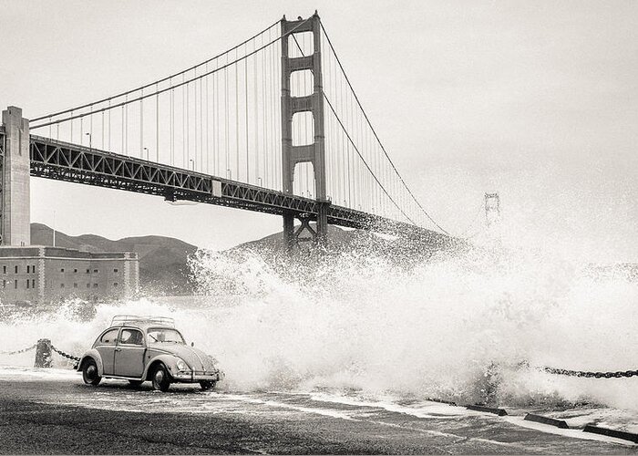 Richard Kimbrough Greeting Card featuring the photograph Waves Crash over a Vintage Beetle in Front of the Golden Gate Bridge San Francisco California BW by Richard Kimbrough