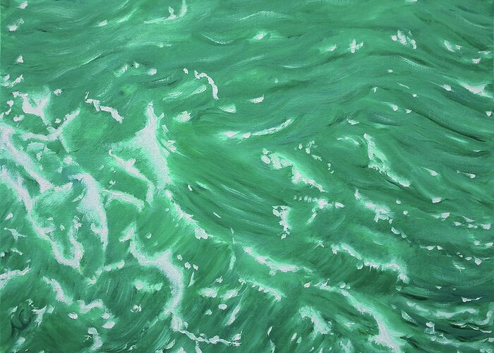 Waves Greeting Card featuring the painting Waves - Green by Neslihan Ergul Colley