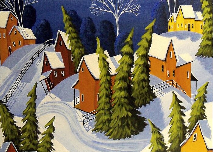 Folk Art Greeting Card featuring the painting Wavy Pines - winter folk art landscape by Debbie Criswell