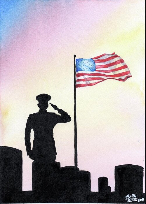 Memorial Day D D-day Normandy Battle Cemetery Graveyard Flag Flying Salute Tombstone Death Honor Commitment Sacrifice Ultimate Remember Remembrance We Watercolor Ink Signed Betsy Hackett Elizabeth 2018 Sunset Integrity Veteran Sacrificed Infamy Lives Usmc Marines Oohrah Marine America American Merica Flag Cemetary Murica Funeral Condolences Honors Military Somber Poignant Greeting Card featuring the painting We Remember by Betsy Hackett